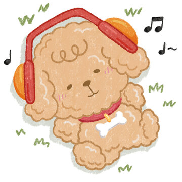 Cute brown poodle listening to music with headphones hand drawn  