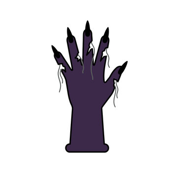 Creepy purple zombie hand with sharp black nails for halloween horror