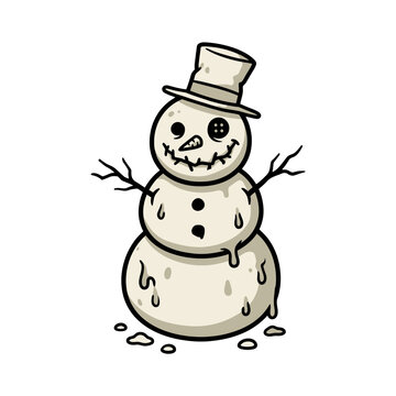 Creepy Melting Snowman Illustration with Top Hat and Stitched Smile