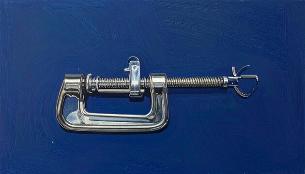 Isolated metal clamp tool on blue background.