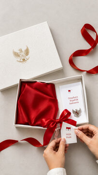 Indonesian independence gift box with red silk scarf and greeting card