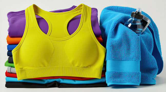 Stack of folded colorful athletic wear includes a yellow sports bra and purple tops. Beside this is a blue towel with a water bottle and phone tucked inside, suggesting fitness prep.