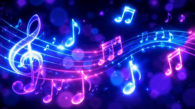 Music Notes Background and Treble Clef on Colorful Glowing Neon