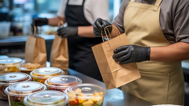 Food service staff wearing black gloves and aprons packing takeaway meals into brown paper bags in a busy restaurant kitchen setting