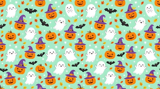 Seamless pattern with cute ghosts, jackolantern pumpkins with witch hats, and bats on a light green background for halloween