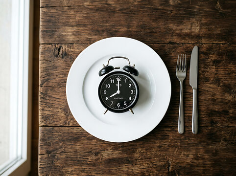 Alarm clock on a white plate with cutlery on a rustic wooden table
