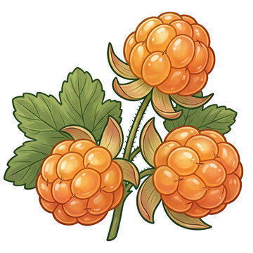 Botanical illustration of ripe orange cloudberries on a stem with green leaves on a white background