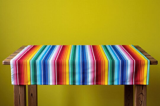 Wooden table covered with colorful striped tablecloth against yellow wall. Bright textile pattern displays vibrant rainbow lines across fabric surface. Minimalist interior decor composition creates