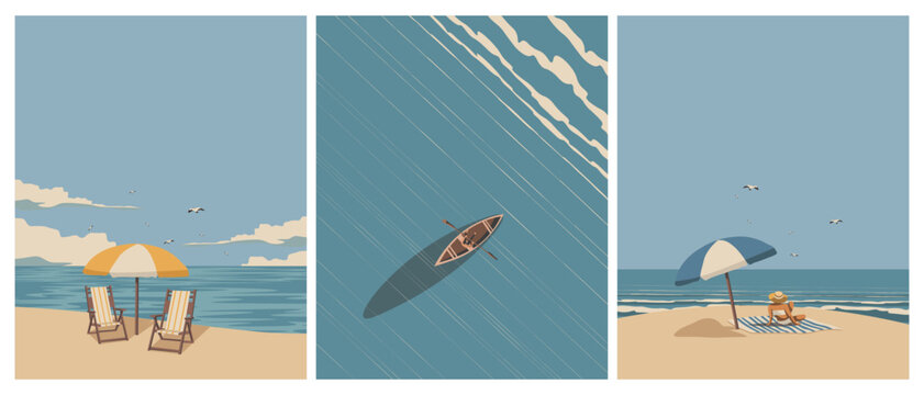 Summer view travel posters set, beach postcards, summer banners, covers