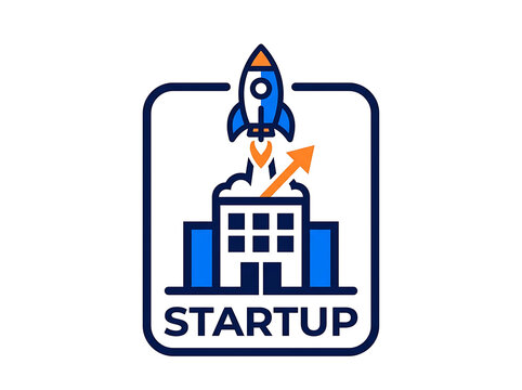 Startup business concept icon with rocket launching from office building