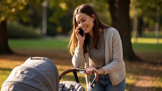 Young mother talking on a smartphone next to a baby stroller in a park. Happy mom on a phone call outdoors