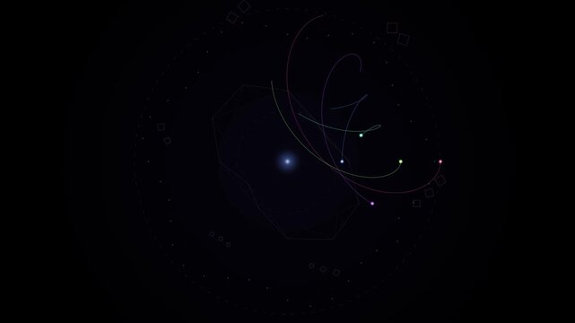 Abstract visualization of digital data flow and cosmic networking with glowing particles and complex orbital trajectories in a vast cyberspace environment