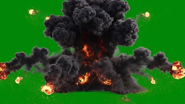 Intense nuclear explosion with fiery debris and smoke cloud in cinematic motion against a green screen background for VFX