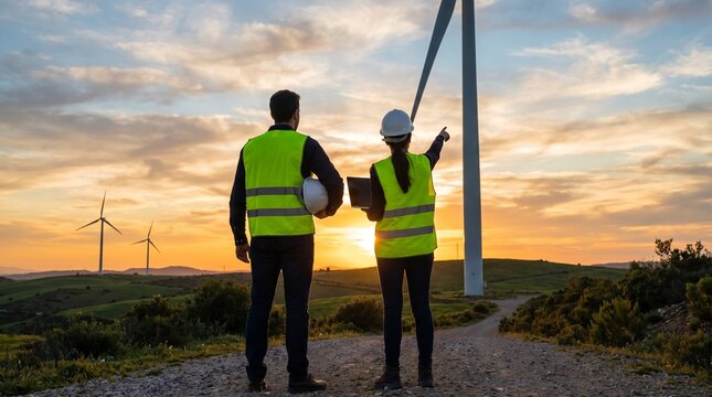 Engineers in high-visibility vests inspecting a wind turbine farm at sunset for renewable energy