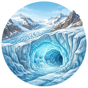 Circular illustration of a vast blue glacier and an ice cave in a snowy mountain landscape