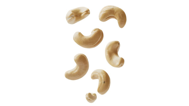 Roasted cashew nuts falling gracefully in a vertical formation showing detailed textures on transparent background