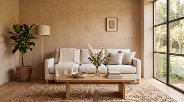 Minimalist Neutral Living Room Interior Design with Modern Beige Sofa and Natural Decor Elements in a Sunlit Spacious Home Setting