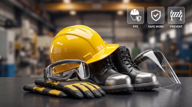 Industrial safety equipment set arranged on workplace table with goggles gloves boots face shield table