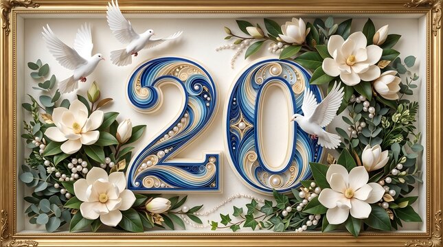 Decorative 20th Anniversary Sign with White Doves and Magnolia Flowers in Gold Frame