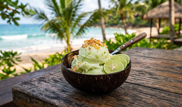 Coconut lime sorbet served in a polished coconut half shell with toasted coconut chips and lime wheels,