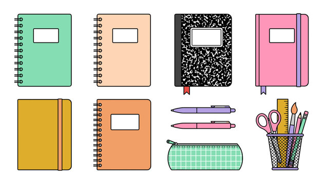Notebook Stationery Icon Set with Spiral Notebook, Composition Book, Pen, Pencil, Pencil Case, and Pen Holder Vector Illustrations
