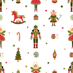 Fototapeta premium Christmas Nutcracker seamless pattern for wrapping paper. Vector holiday textile design with cute fairytale characters, soldier toy, mouse king, ballerina, and winter decoration on white background.