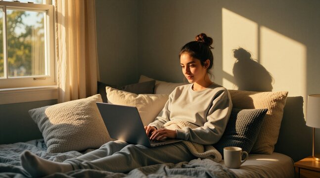 Young woman sits on bed in sunny room working on laptop. Female freelancer uses computer resting on cozy pillows. Casual girl studies at home during day. Digital nomad types on notebook screen in