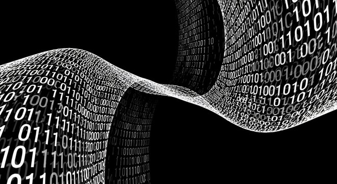 Binary code digits form a glowing digital data wave flowing through cyberspace on a black backdrop.