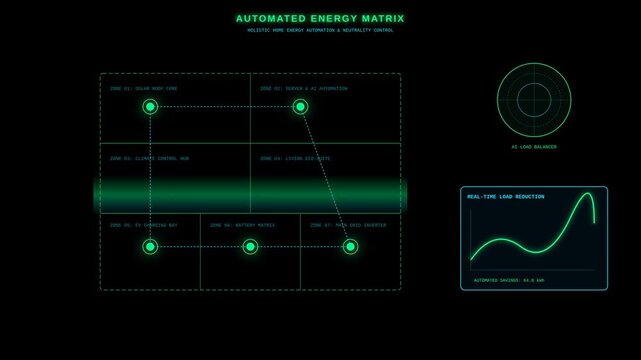 Futuristic Automated Energy Matrix Dashboard UI with Real Time Data Monitoring and Load Balancing