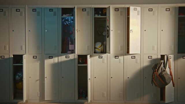 Authentic Interior of Modern Elementary School Corridor with Open Lockers Revealing Everyday Student Belongings. Organized Learning Environment, Educational Facilities, and Modern Campus Life Concept.