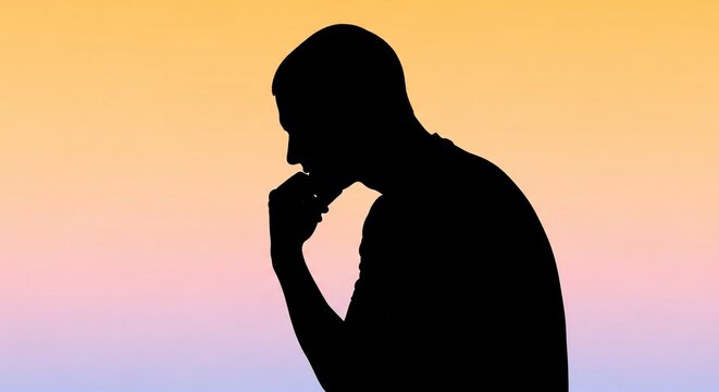 Silhouette of a pensive man thinking with his hand on his chin against a gradient background.