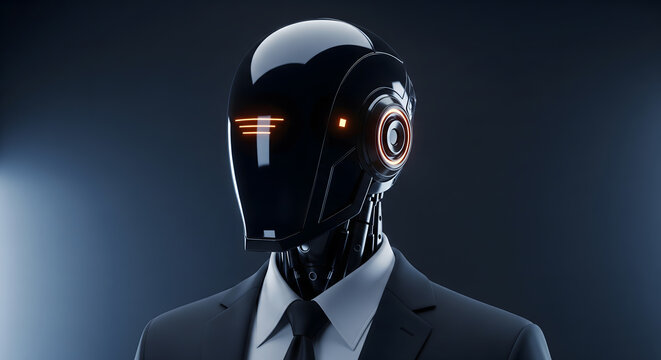 Futuristic humanoid robot wearing a business suit and tie against a dark background