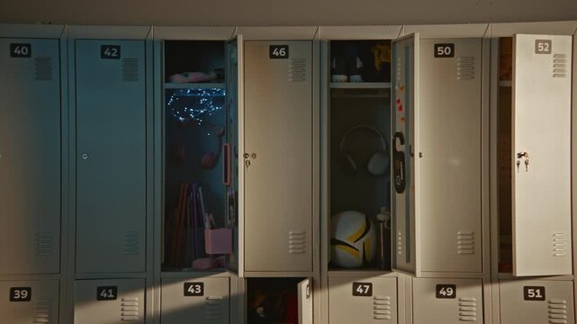 Modern Bright School Hallway with Metal Numbered Lockers and Personal Storage Spaces, Creating Versatile Education Background for Back to School Campaigns, Student Life, and Academic Themes.