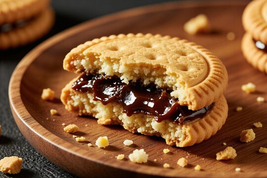 Sweet cornstarch alfajor cookie with rich chocolate filling sits on wooden plate. Round pastry snack shows crumbs, soft texture inside. Traditional South American treat sliced for serving. Closeup