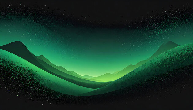 Pixel art landscape of rolling green hills under a starry night sky, aurora borealis effect