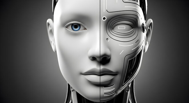 Close-up portrait of a humanoid robot showing the transition between synthetic human skin and mechanical inner workings.