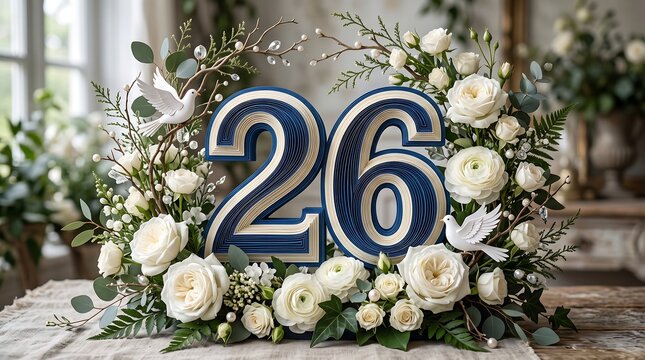 Elegant 26th birthday celebration number with white roses and greenery floral arrangement