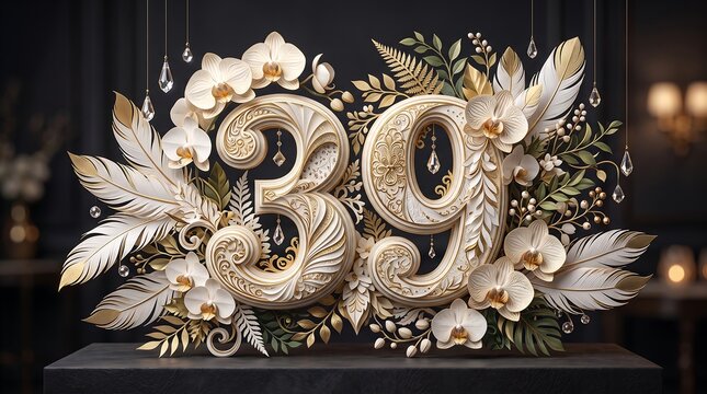 Elegant 39th Birthday Number Decoration with White Orchids and Gold Feathers