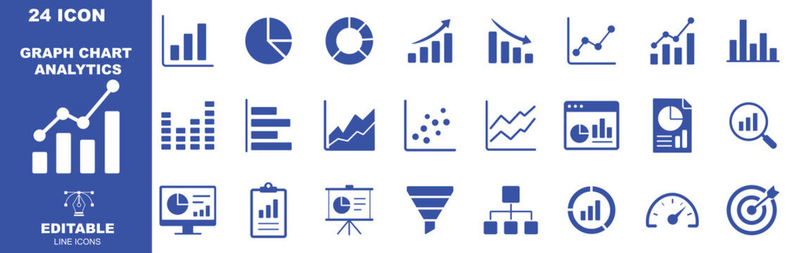 Graph line icons. Vector illustration include icon - data analysis, diagram, stat, histogram, economy outline pictogram for infographic statistic presentation. 64x64 Pixel Perfect, Editable Stroke
