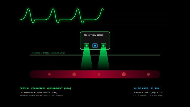 Medical Animation Demonstrating Photoplethysmography PPG Optical Sensor Blood Pulse Measurement