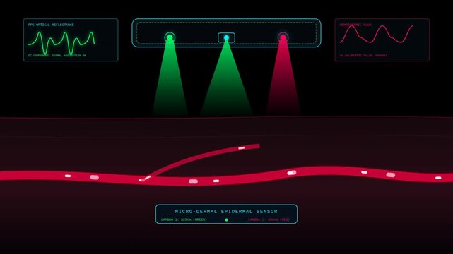 Micro Dermal Epidermal Sensor Animation Showing PPG Optical Reflectance and Hemodynamic Blood Flux