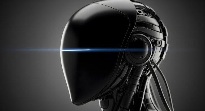 Close up of futuristic robotic head with glowing blue visor in dark setting