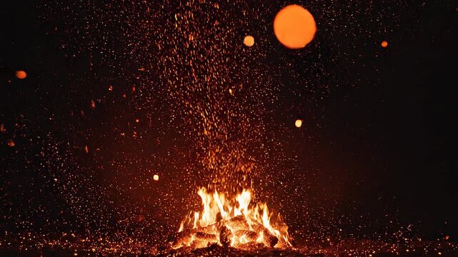 Intense bonfire explosion with fiery embers scattering across a dark night sky
