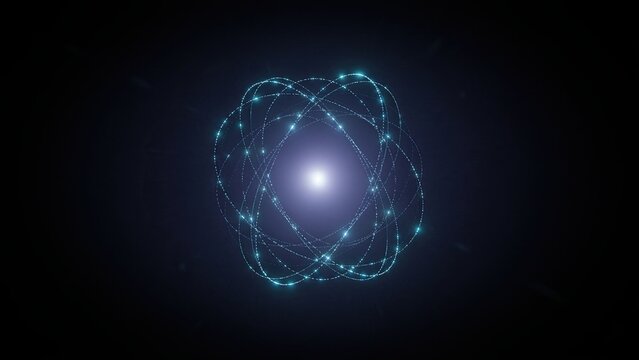 Atom model with glowing blue orbital paths and a bright core shines on a dark background.