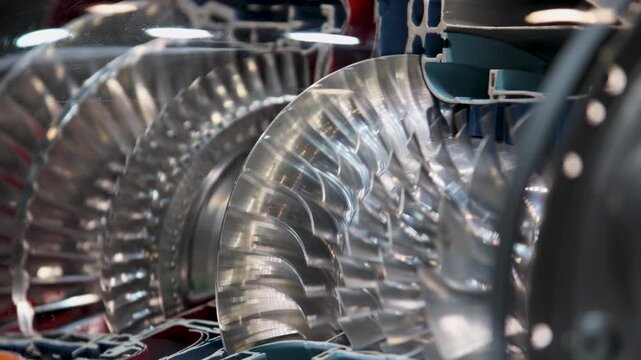 Operating jet engine cutaway reveals spinning compressor blades and internal turbine components in motion. Aviation display demonstrates engineering, airflow, mechanics, technology and propulsion