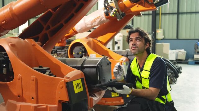 Industrial engineer inspecting a robotic arm machine in an automated manufacturing factory, robotics, automation, smart manufacturing, machine maintenance, quality control and Industry 4.0 technology.