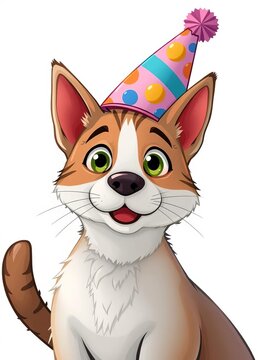 Whimsical illustration featuring a curious cartoon cat peeking out from behind a dog wearing a party hat, happy, whimsy