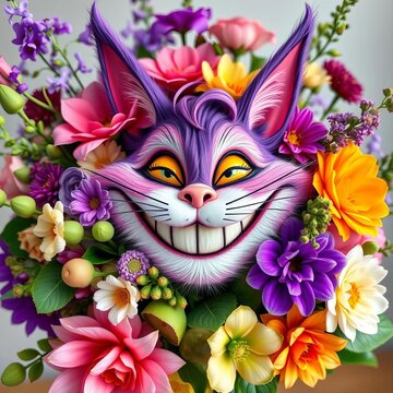 Whimsical floral arrangement featuring a Cheshire Cat's mischievous grin, ||floral, artful
