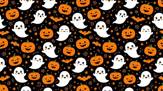 Seamless halloween pattern with cute ghosts, jackolanterns, and bats on a black background