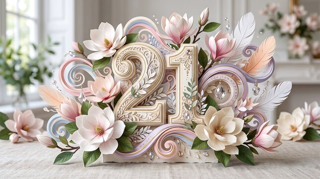 21st Birthday Decoration with Magnolia Flowers and Pastel Swirls